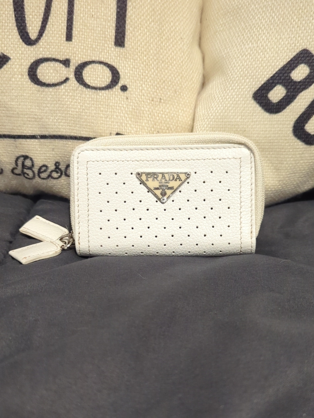 Prada Ivory Perforated Leather Zip-Around Card Key Holder